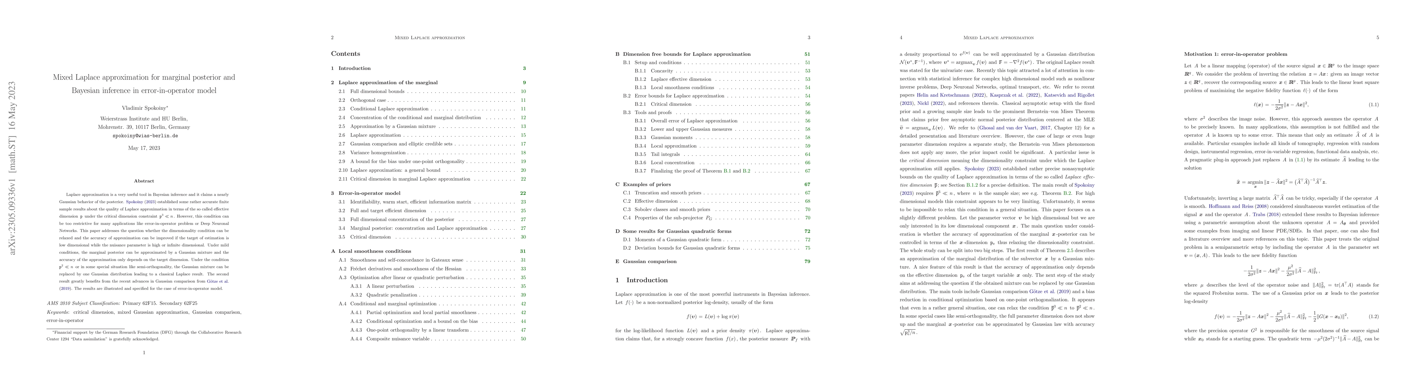 Thumbnail for Mixed Laplace approximation for marginal posterior and Bayesian
  inference in error-in-operator model