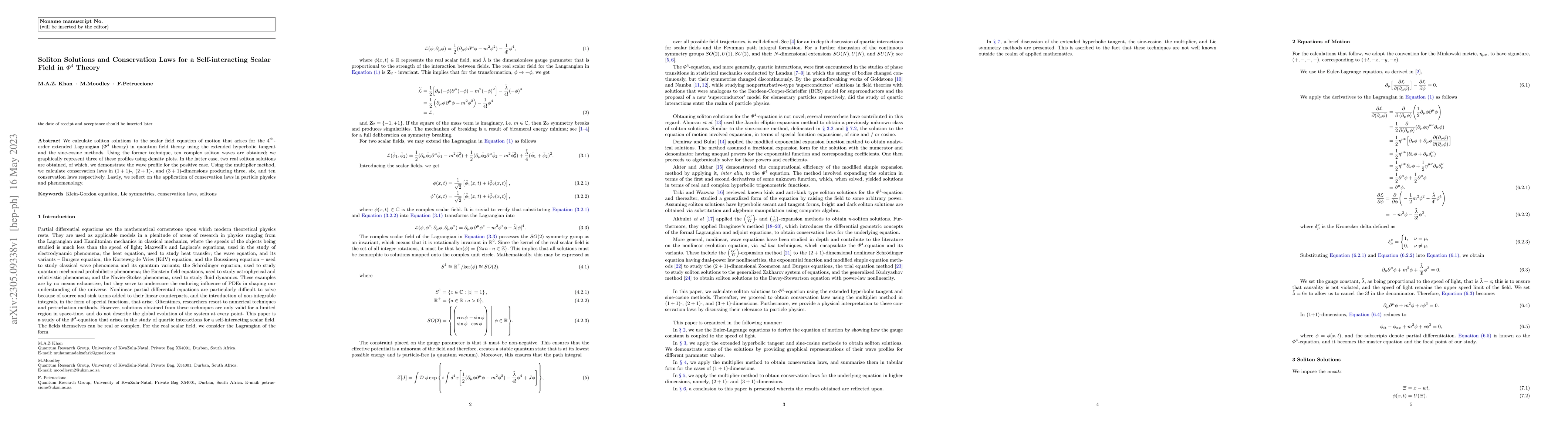 Thumbnail for Soliton Solutions and Conservation Laws for a Self-interacting Scalar
  Field in \(\phi^{4}\) Theory