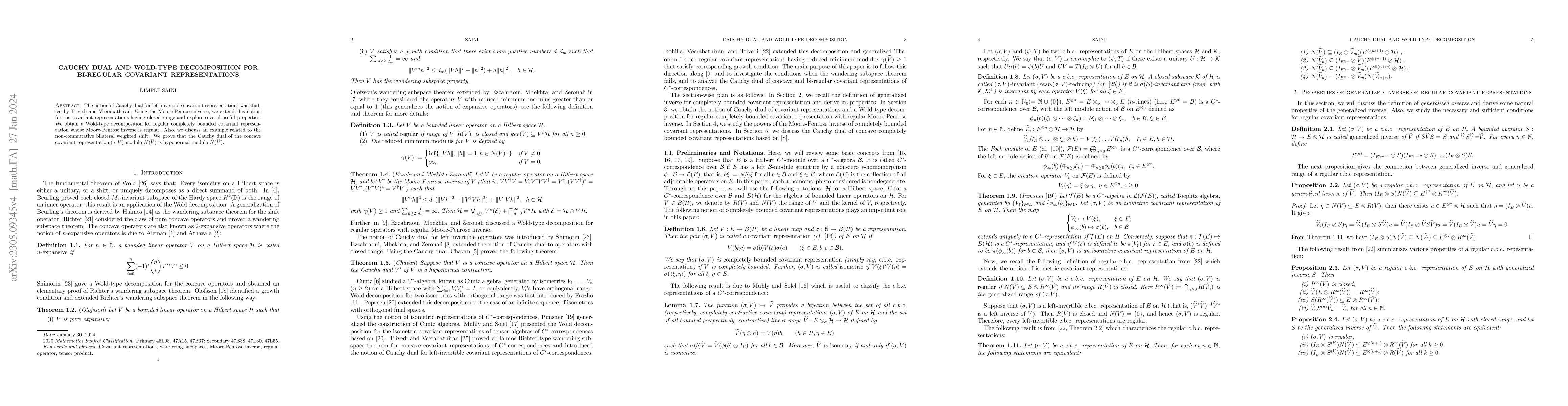 Thumbnail for Cauchy dual and Wold-type decomposition for bi-regular covariant
  representations