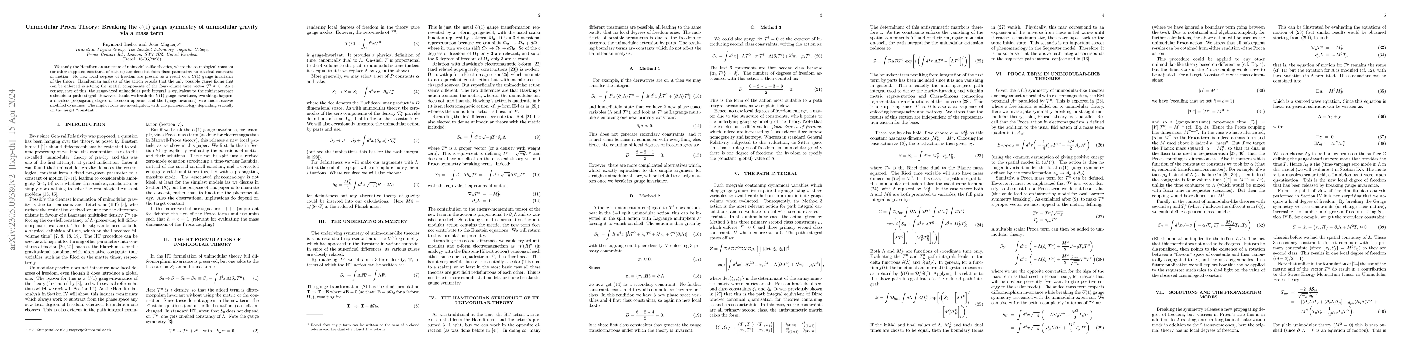 Thumbnail for Unimodular Proca Theory: Breaking the U(1) gauge symmetry of unimodular
  gravity via a mass term