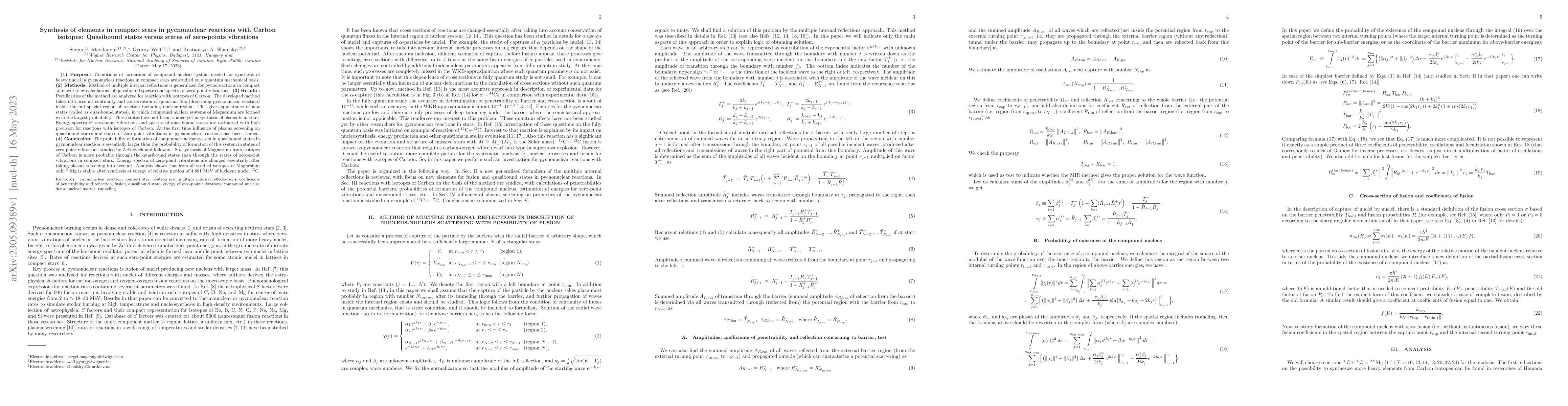 Thumbnail for Synthesis of elements in compact stars in pycnonuclear reactions with
  Carbon isotopes: Quasibound states versus states of zero-points vibrations