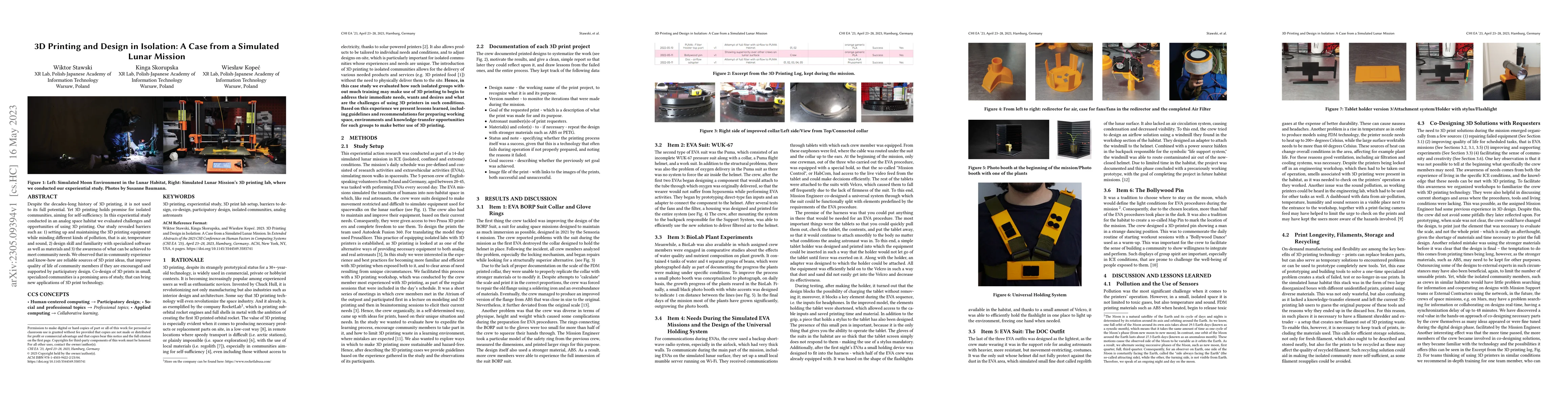 Thumbnail for 3D Printing and Design in Isolation: A Case from a Simulated Lunar
  Mission