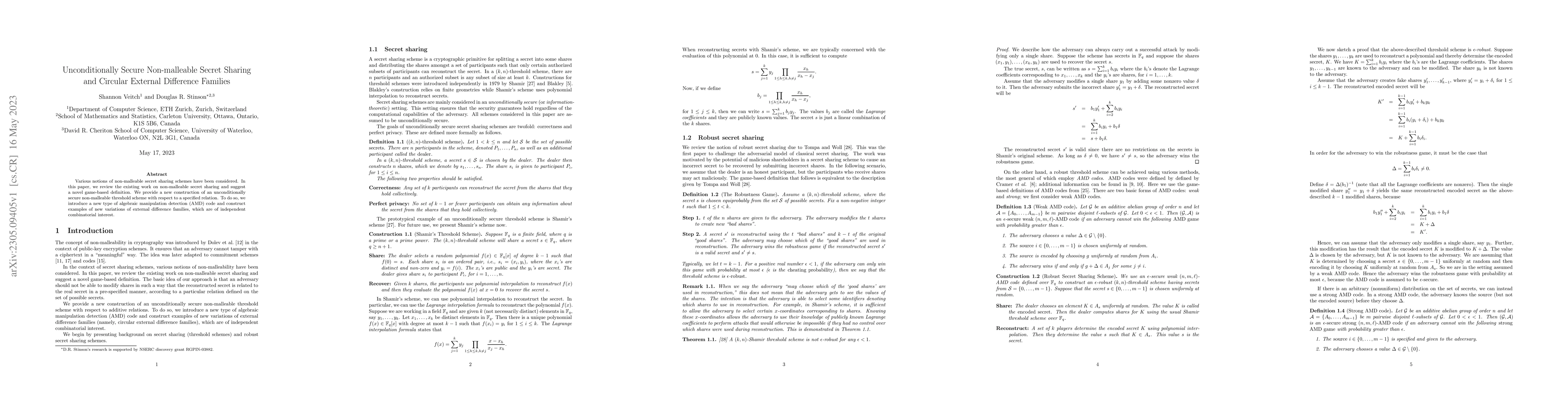 Thumbnail for Unconditionally Secure Non-malleable Secret Sharing and Circular
  External Difference Families
