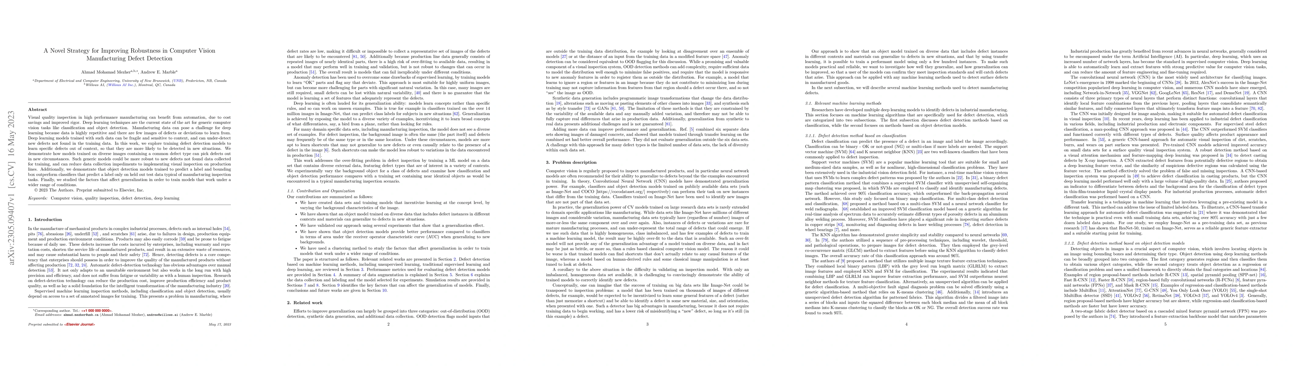 Thumbnail for A Novel Strategy for Improving Robustness in Computer Vision
  Manufacturing Defect Detection
