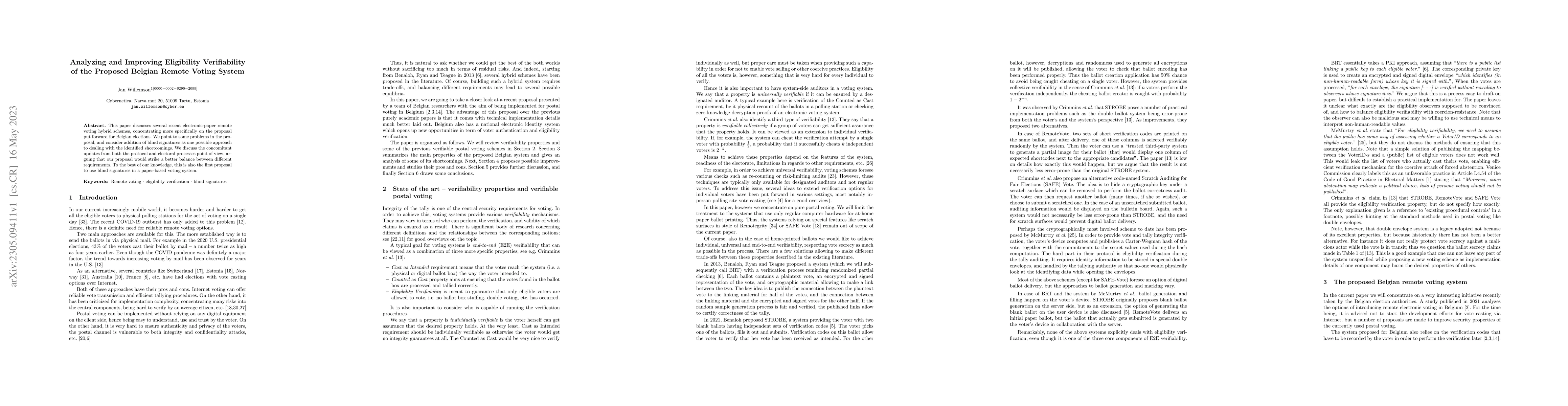 Thumbnail for Analyzing and Improving Eligibility Verifiability of the Proposed
  Belgian Remote Voting System