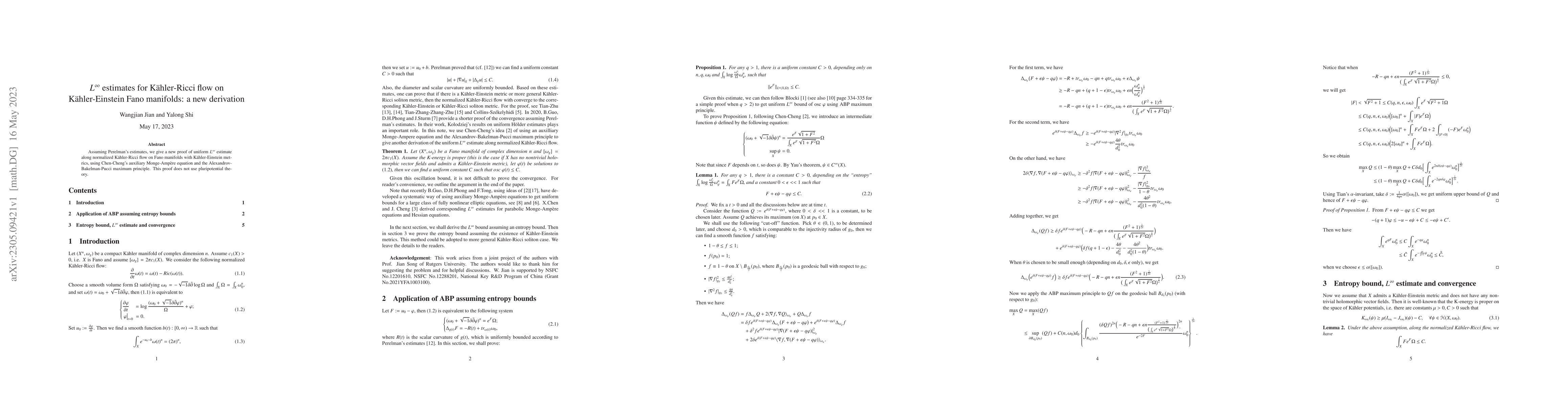 Thumbnail for $L^\infty$ estimates for K\"ahler-Ricci flow on K\"ahler-Einstein Fano
  manifolds: a new derivation