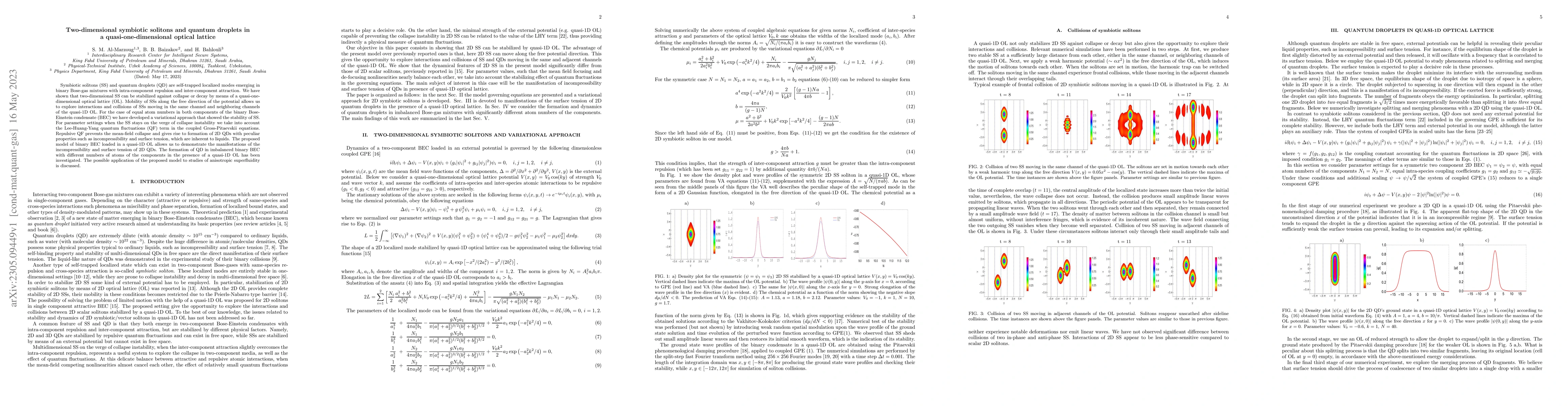 Thumbnail for Two-dimensional symbiotic solitons and quantum droplets in a
  quasi-one-dimensional optical lattice