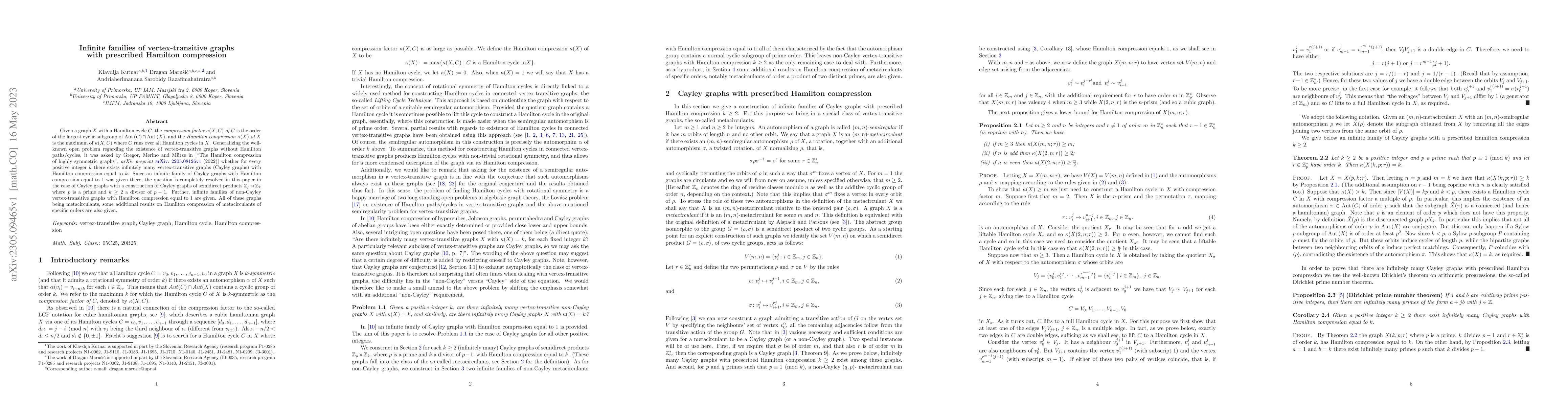 Thumbnail for Infinite families of vertex-transitive graphs with prescribed Hamilton
  compression