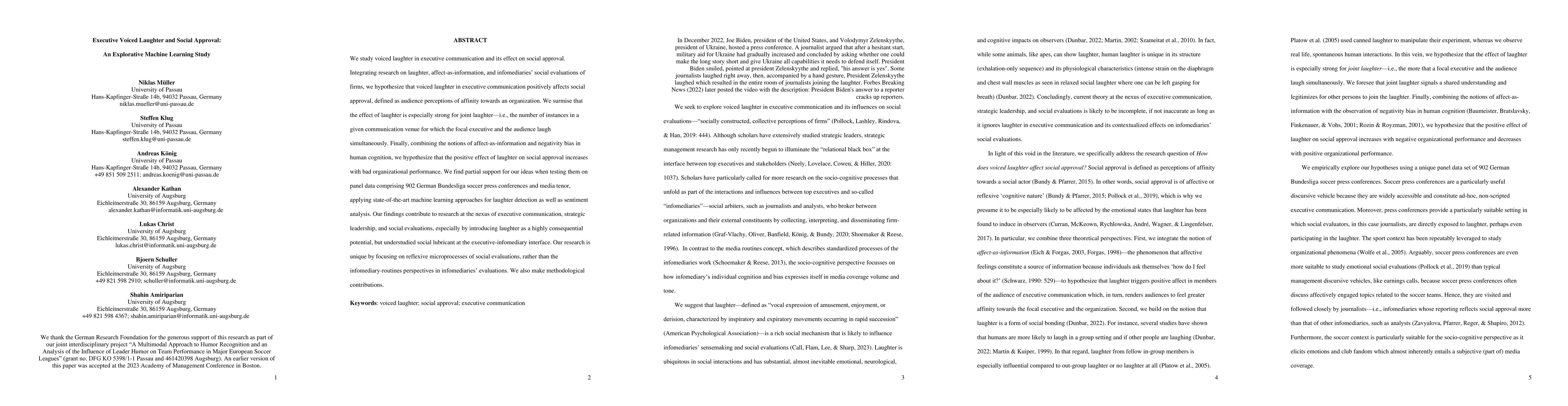 Thumbnail for Executive Voiced Laughter and Social Approval: An Explorative Machine
  Learning Study