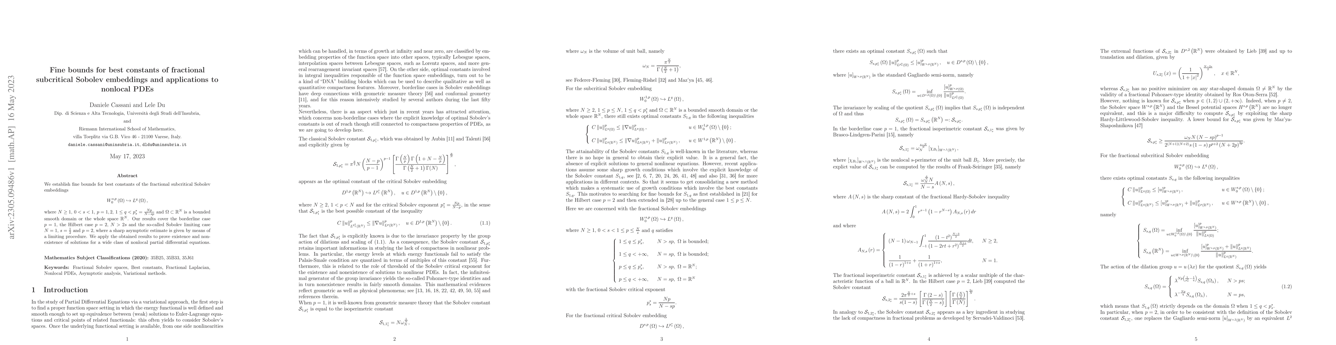 Thumbnail for Fine bounds for best constants of fractional subcritical Sobolev
  embeddings and applications to nonlocal PDEs