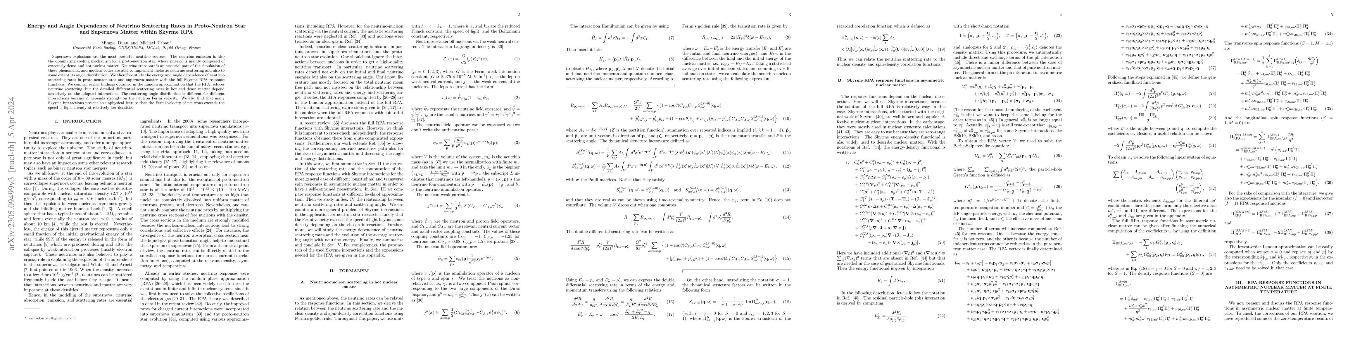 Thumbnail for Energy and Angle Dependence of Neutrino Scattering Rates in
  Proto-Neutron Star and Supernova Matter within Skyrme RPA