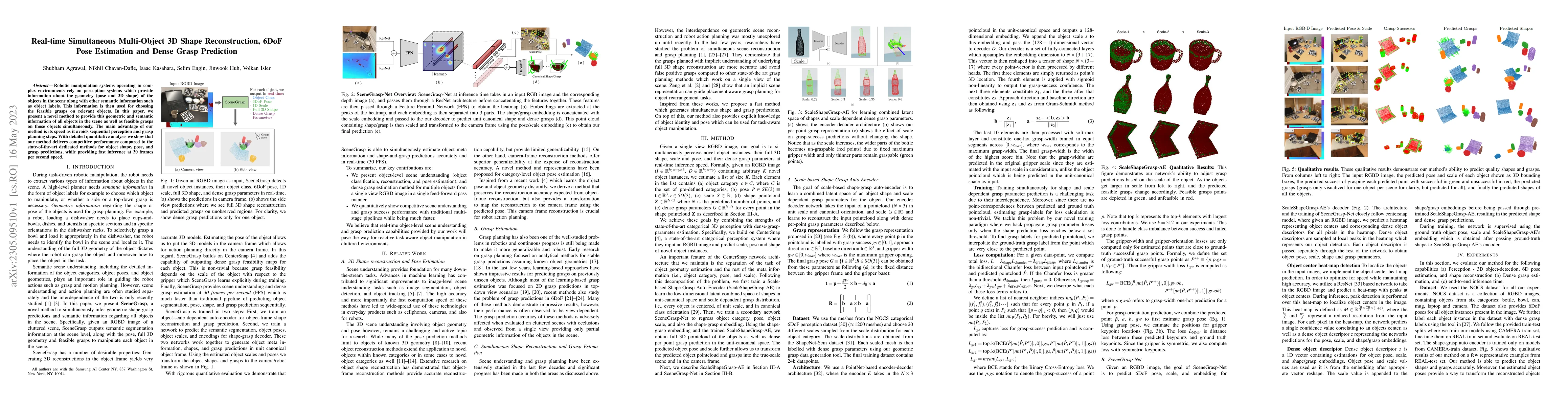 Thumbnail for Real-time Simultaneous Multi-Object 3D Shape Reconstruction, 6DoF Pose
  Estimation and Dense Grasp Prediction