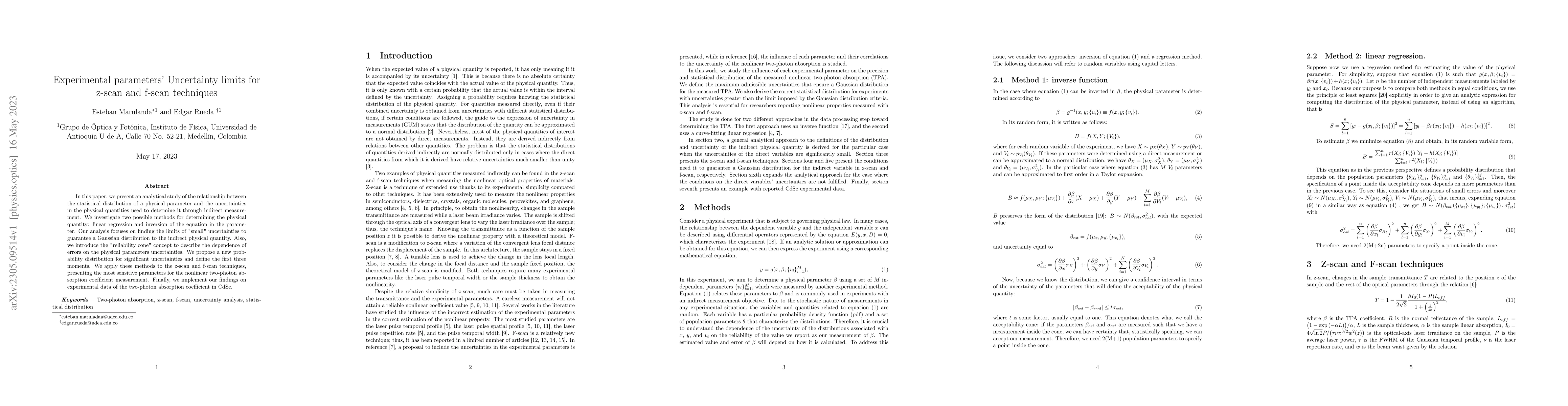 Thumbnail for Experimental parameters' Uncertainty limits for z-scan and f-scan
  techniques