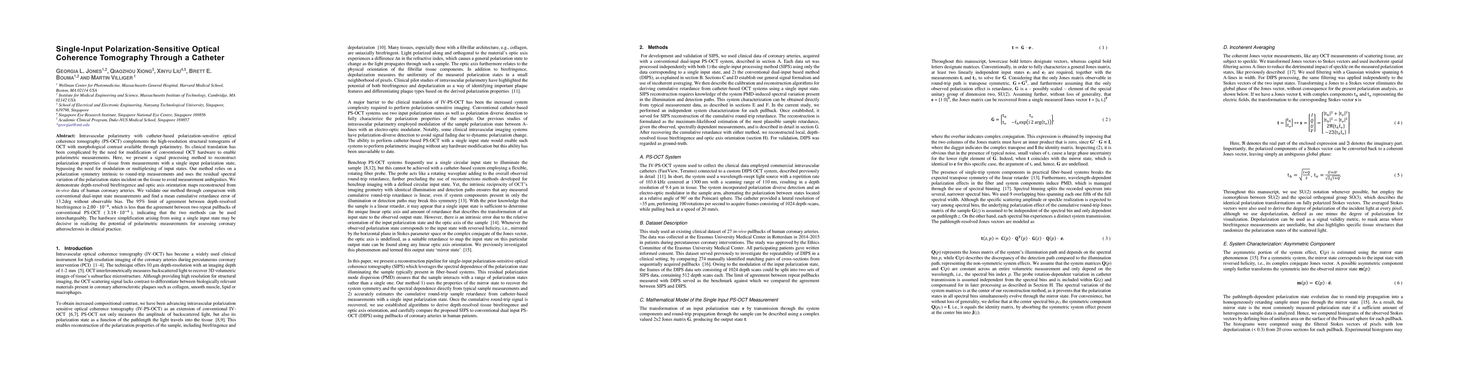 Thumbnail for Single-Input Polarization-Sensitive Optical Coherence Tomography Through
  a Catheter