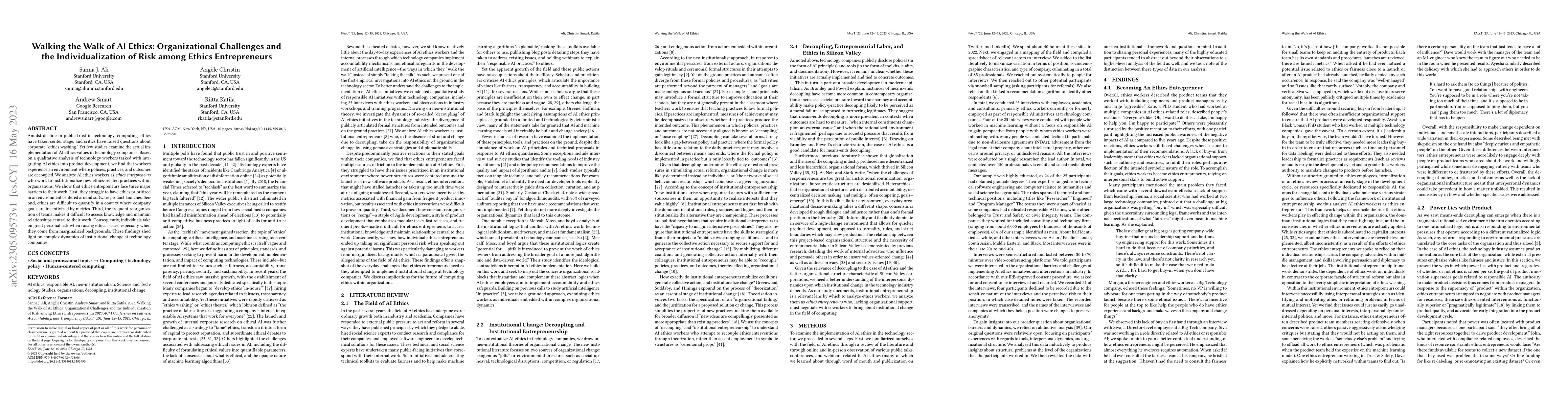 Thumbnail for Walking the Walk of AI Ethics: Organizational Challenges and the
  Individualization of Risk among Ethics Entrepreneurs