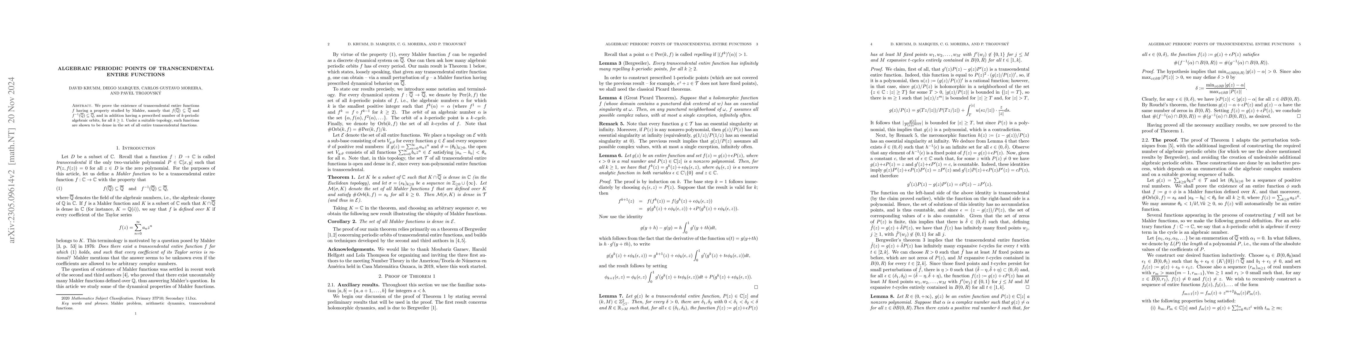 Thumbnail for Algebraic periodic points of transcendental entire functions