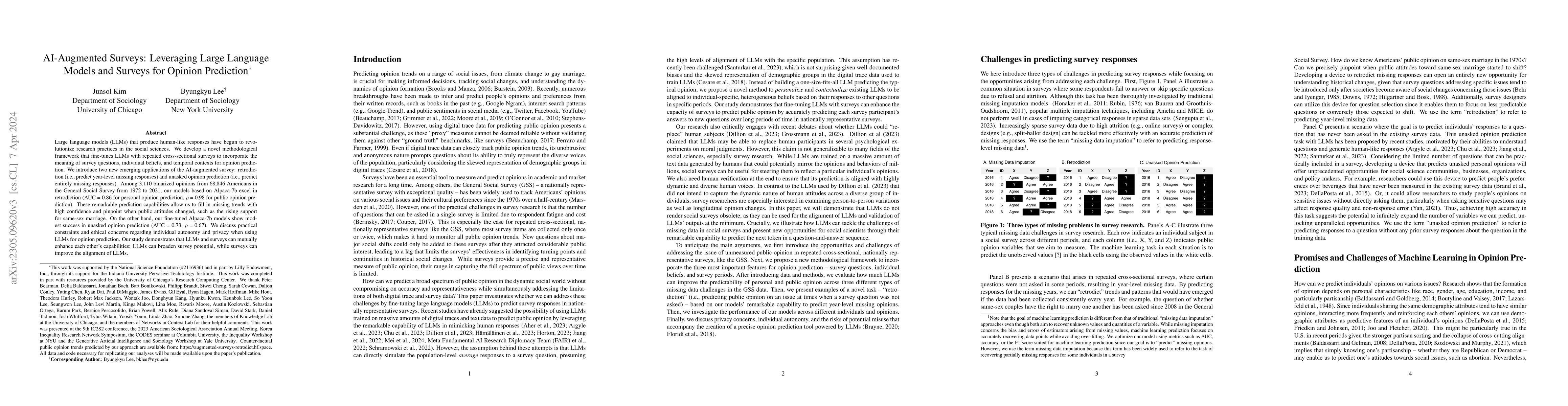 Thumbnail for AI-Augmented Surveys: Leveraging Large Language Models and Surveys for
  Opinion Prediction