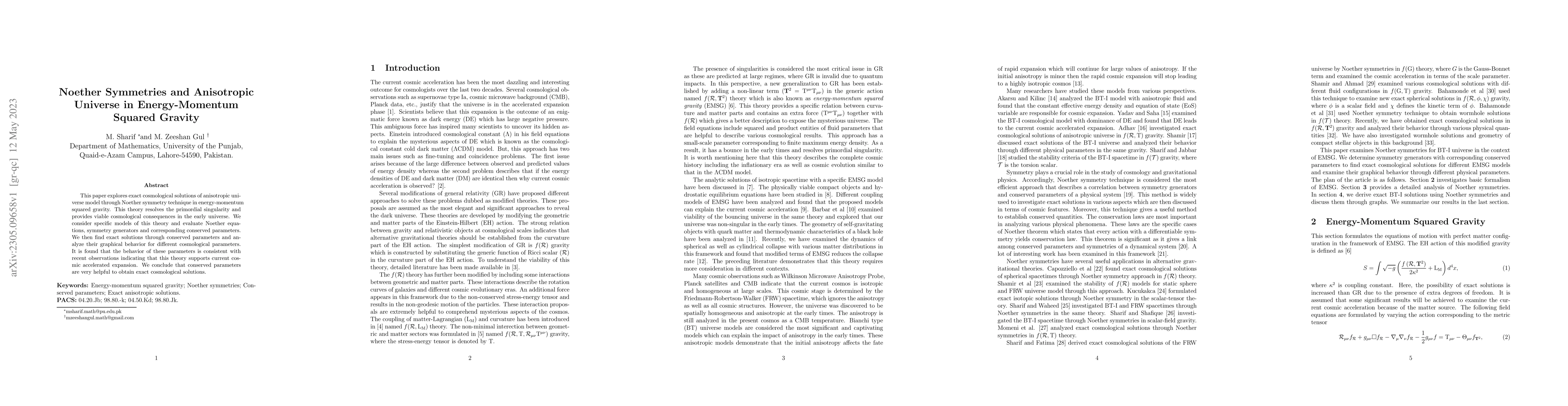 Thumbnail for Noether Symmetries and Anisotropic Universe in Energy-Momentum Squared
  Gravity
