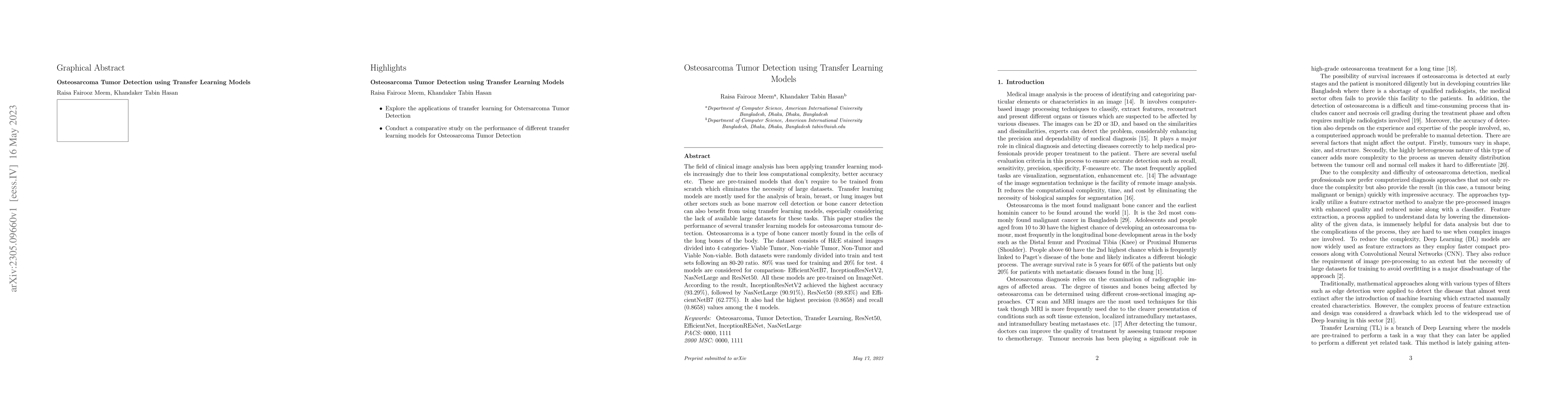 Thumbnail for Osteosarcoma Tumor Detection using Transfer Learning Models