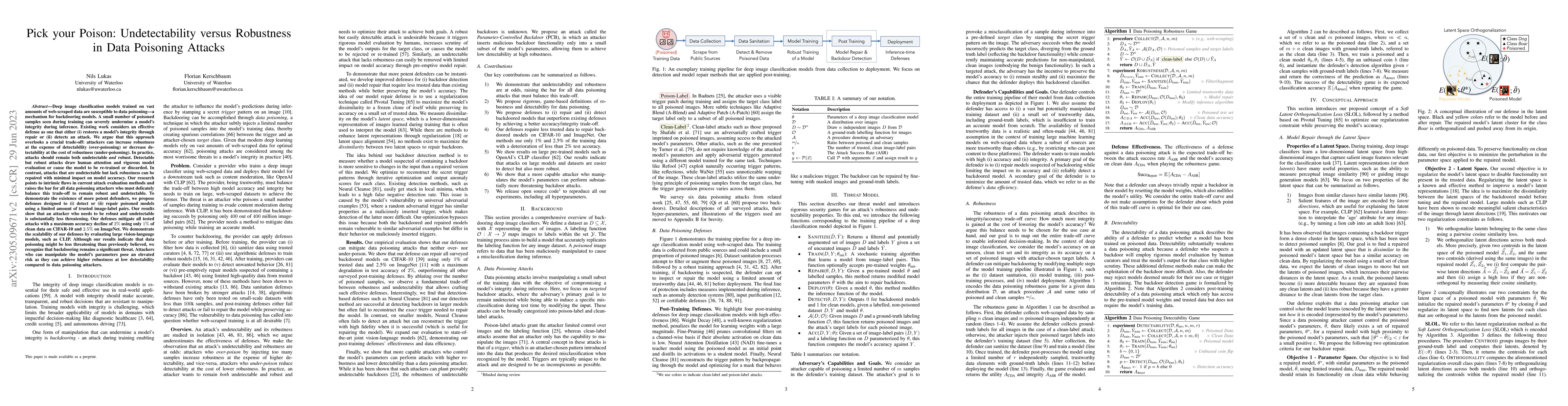 Thumbnail for Pick your Poison: Undetectability versus Robustness in Data Poisoning
  Attacks