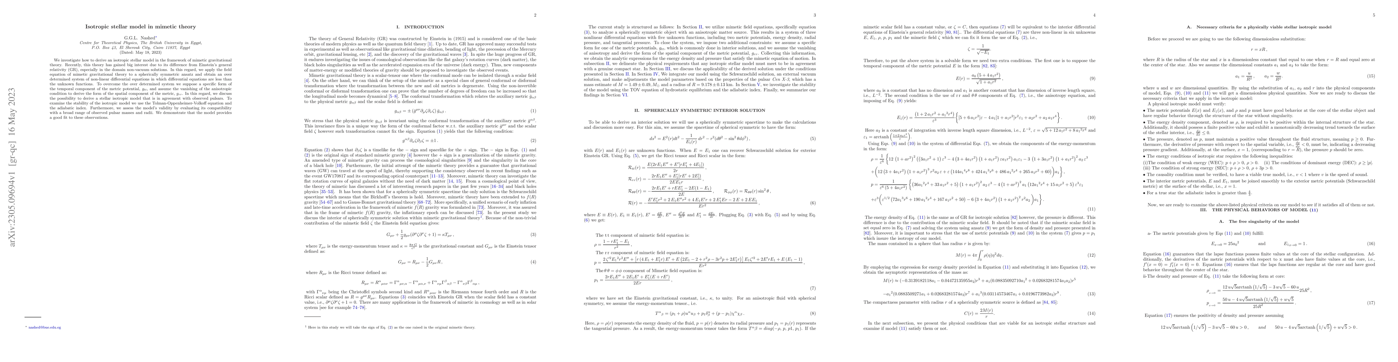 Thumbnail for Isotropic stellar model in mimetic theory