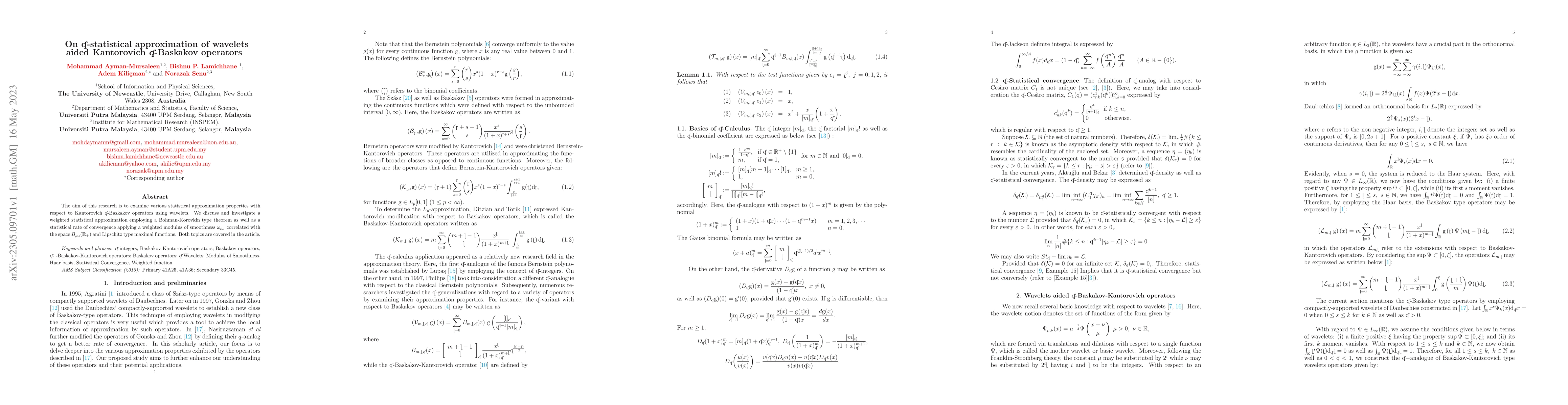 Thumbnail for On q-statistical approximation of wavelets aided Kantorovich q-Baskakov
  operators