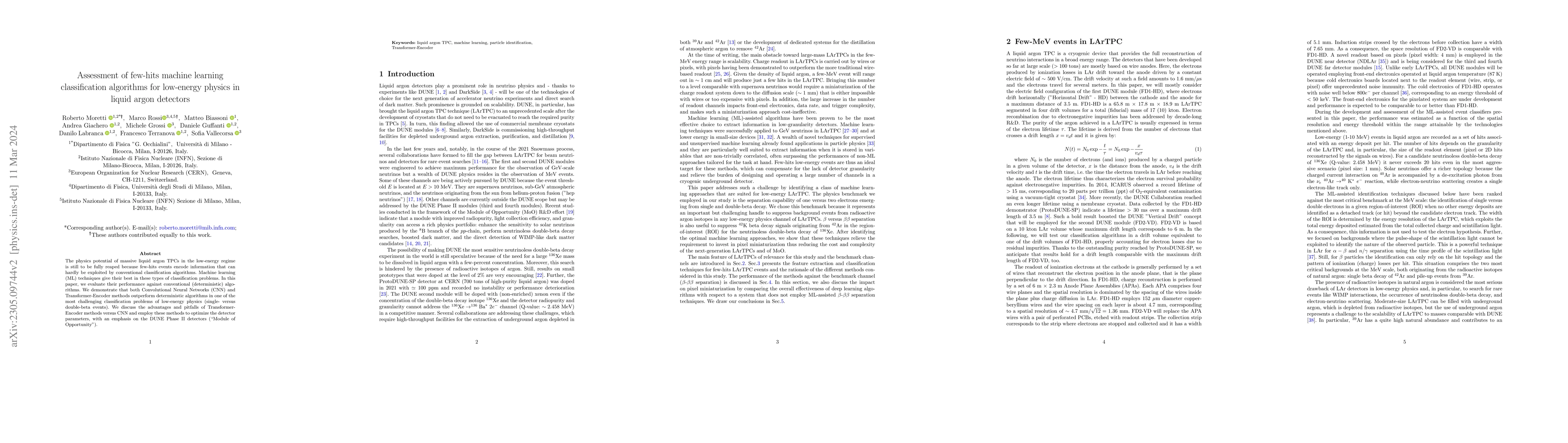 Thumbnail for Assessment of few-hits machine learning classification algorithms for
  low energy physics in liquid argon detectors