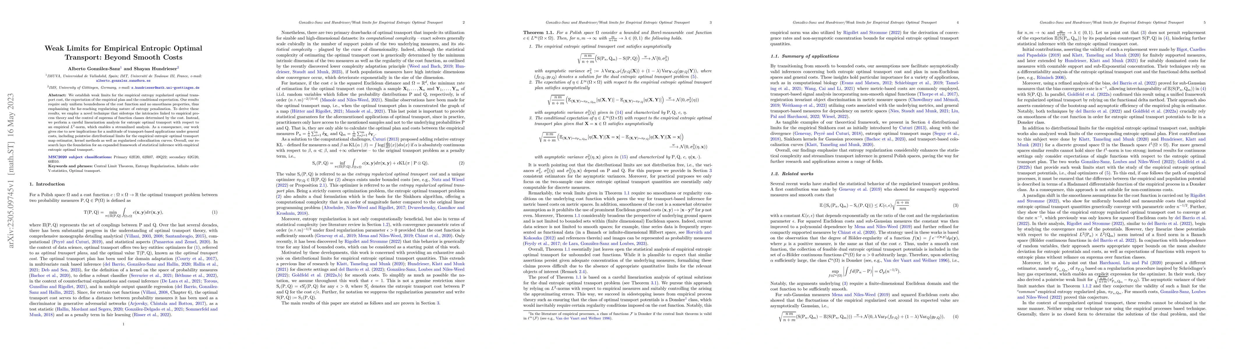 Thumbnail for Weak Limits for Empirical Entropic Optimal Transport: Beyond Smooth
  Costs