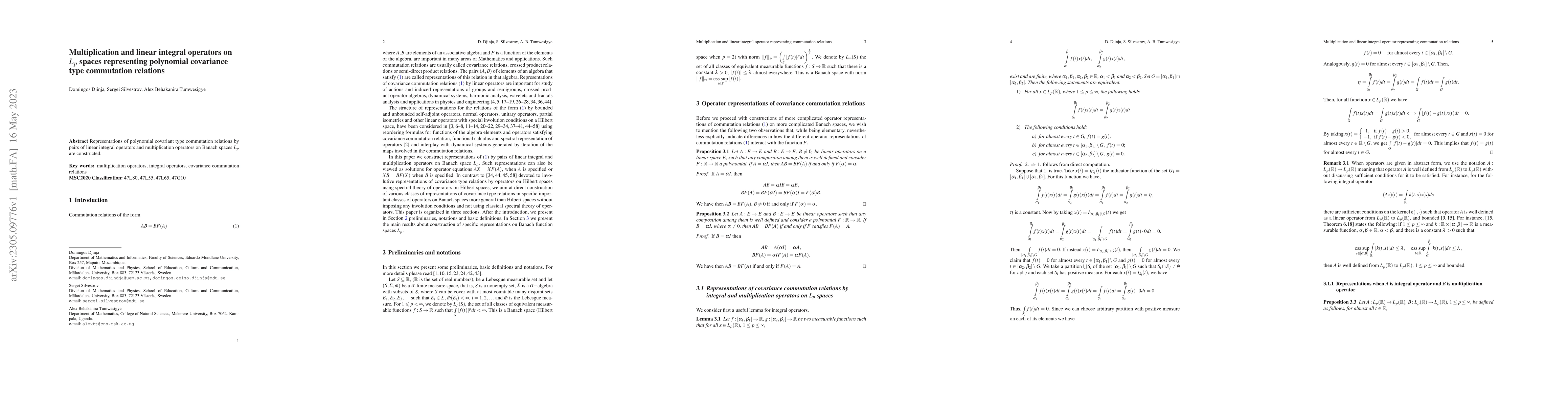 Thumbnail for Multiplication and linear integral operators on $L_p$ spaces
  representing polynomial covariance type commutation relations