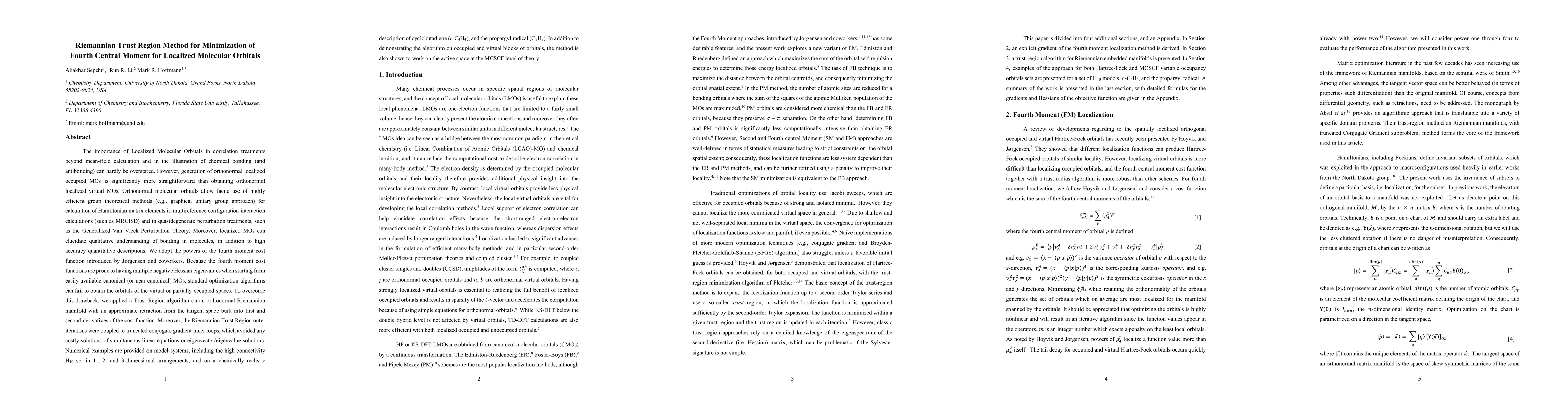 Thumbnail for Riemannian Trust Region Method for Minimization of Fourth Central Moment
  for Localized Molecular Orbitals