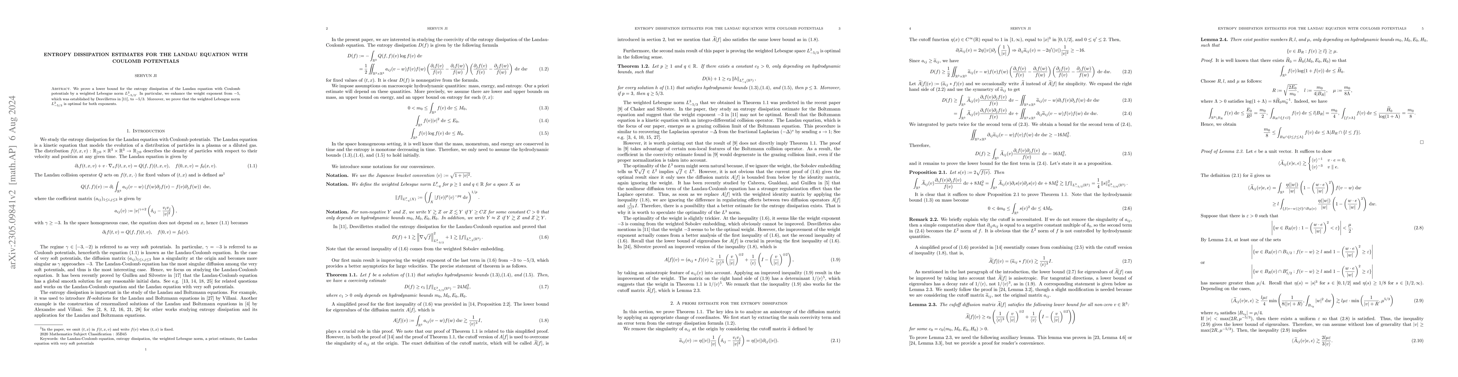 Thumbnail for Entropy dissipation estimates for the Landau equation with Coulomb
  potentials