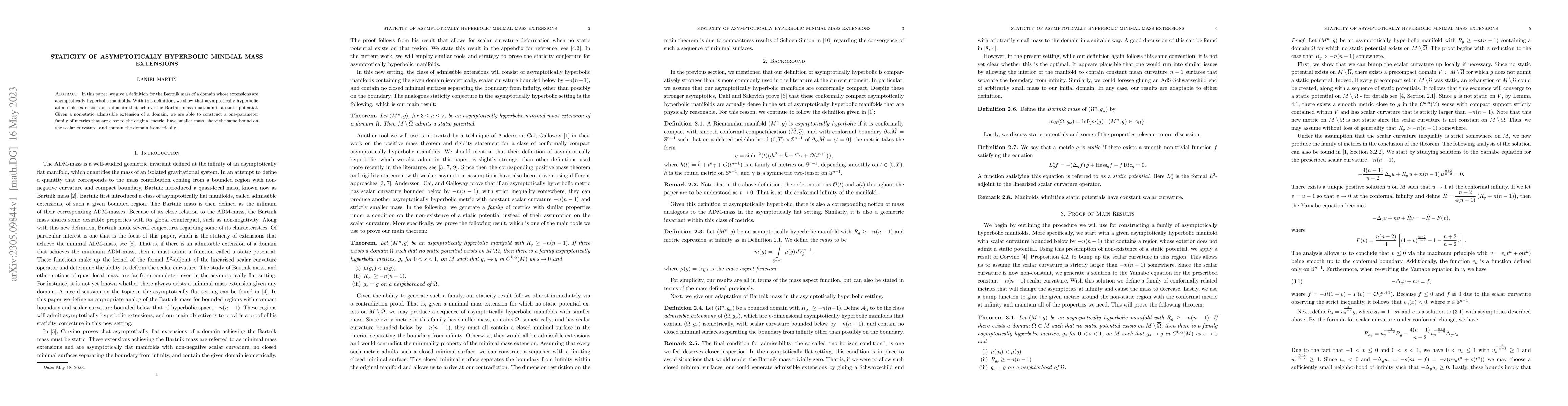 Thumbnail for Staticity of Asymptotically Hyperbolic Minimal Mass Extensions