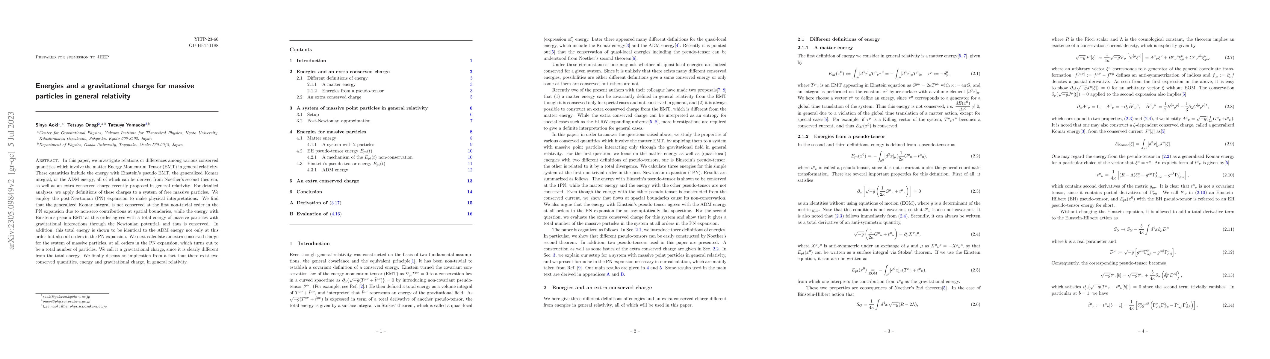 Thumbnail for Energies and a gravitational charge for massive particles in general
  relativity