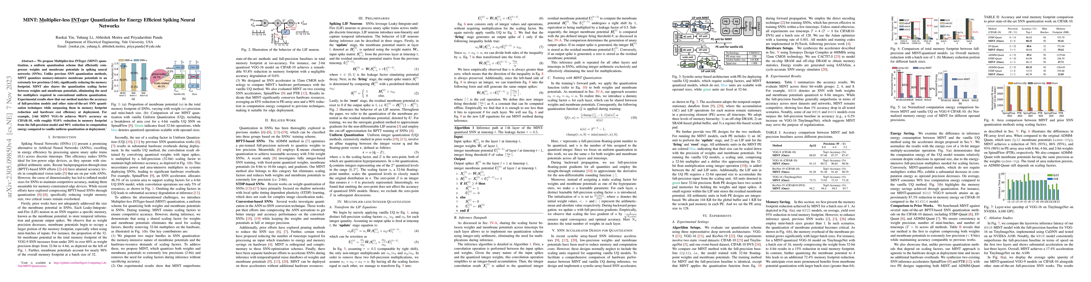Thumbnail for MINT: Multiplier-less INTeger Quantization for Energy Efficient Spiking
  Neural Networks