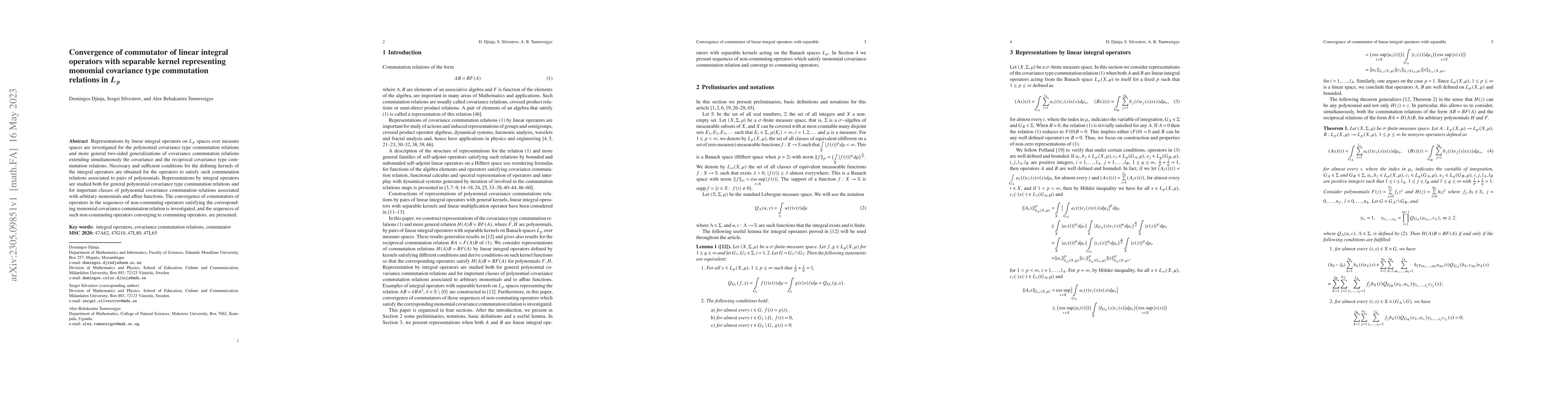 Thumbnail for Convergence of commutator of linear integral operators with separable
  kernel representing monomial covariance type commutation relations in $L_p$
