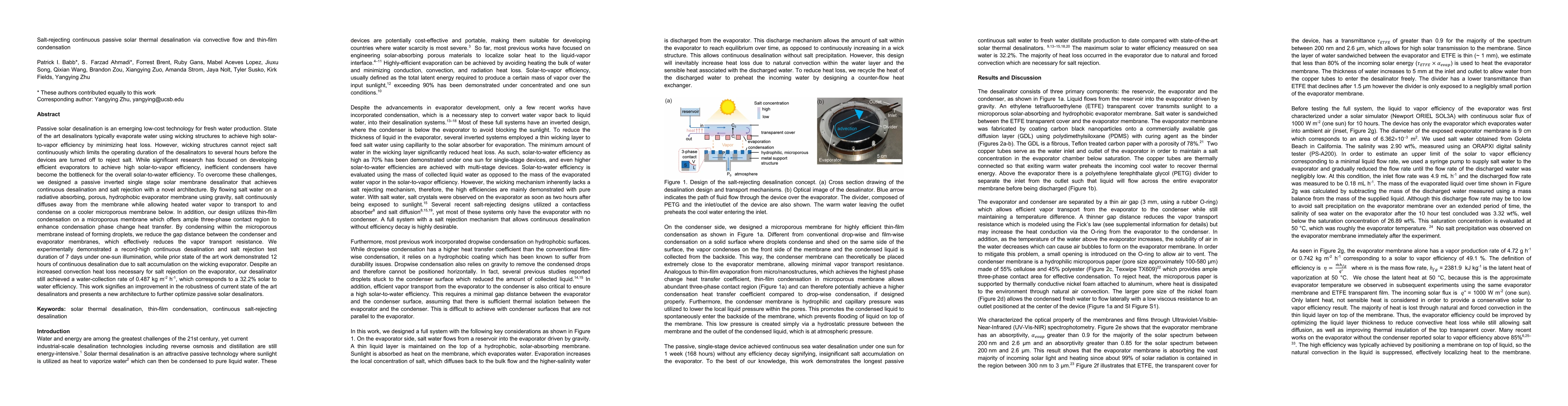 Thumbnail for Salt-rejecting continuous passive solar thermal desalination via
  convective flow and thin-film condensation