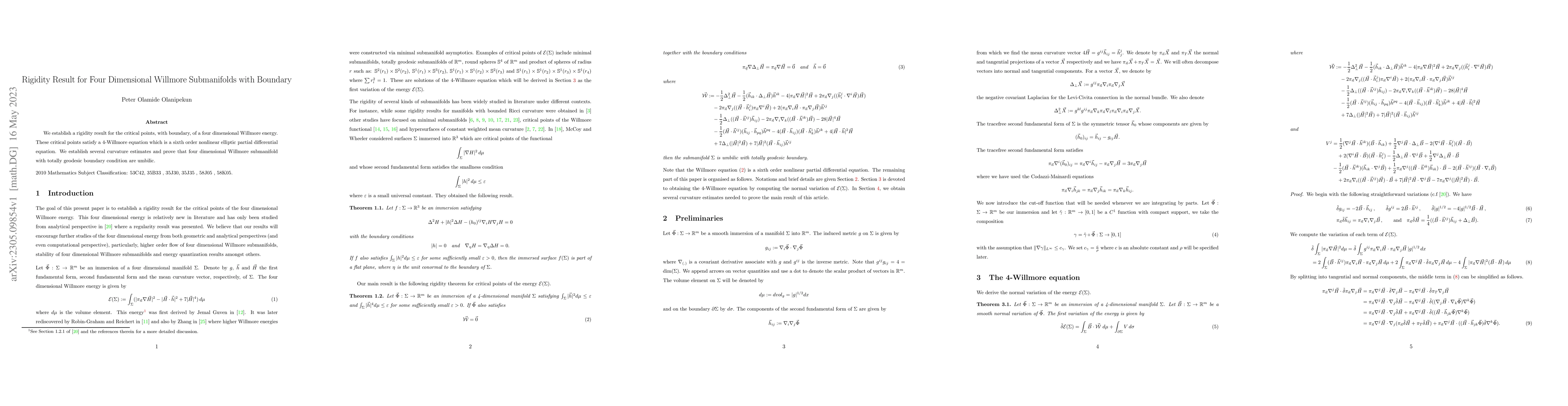 Thumbnail for Rigidity Result for Four Dimensional Willmore Submanifolds with Boundary