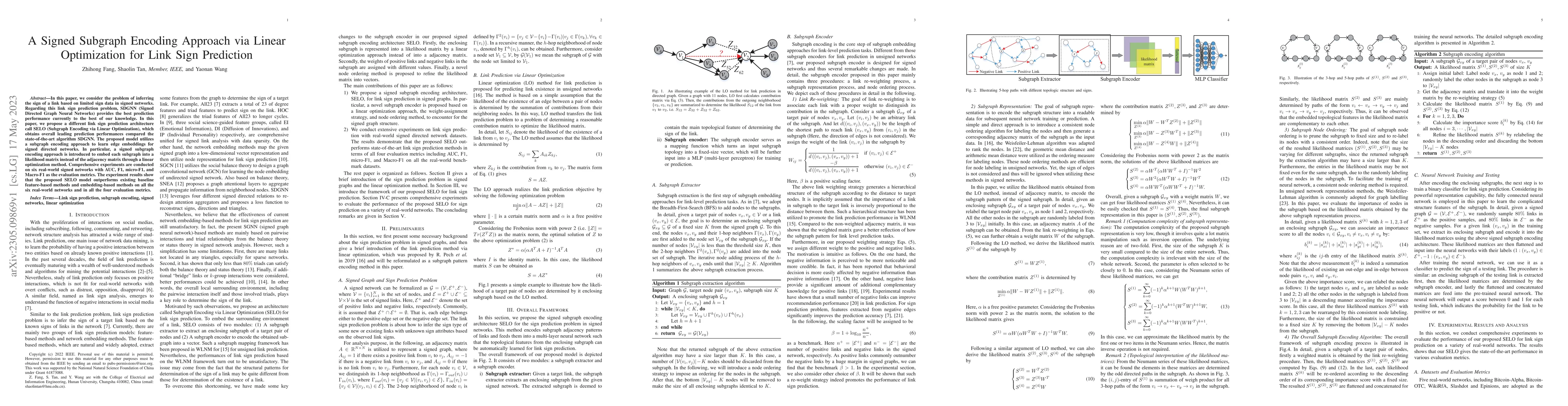 Thumbnail for A Signed Subgraph Encoding Approach via Linear Optimization for Link
  Sign Prediction