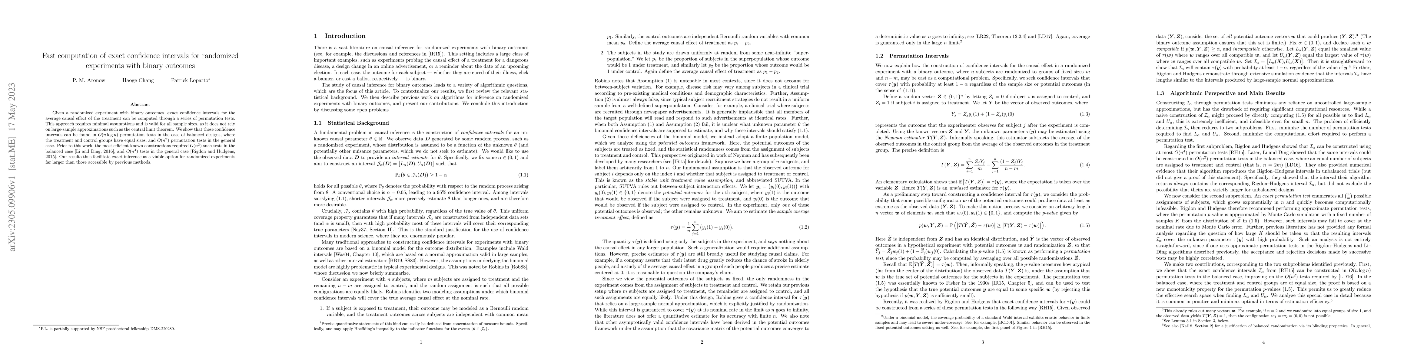 Thumbnail for Fast computation of exact confidence intervals for randomized
  experiments with binary outcomes