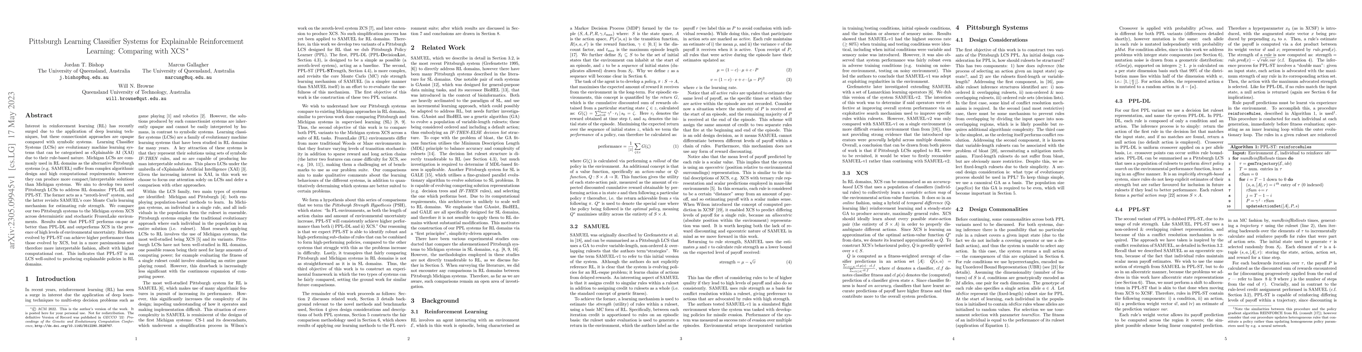Thumbnail for Pittsburgh Learning Classifier Systems for Explainable Reinforcement
  Learning: Comparing with XCS