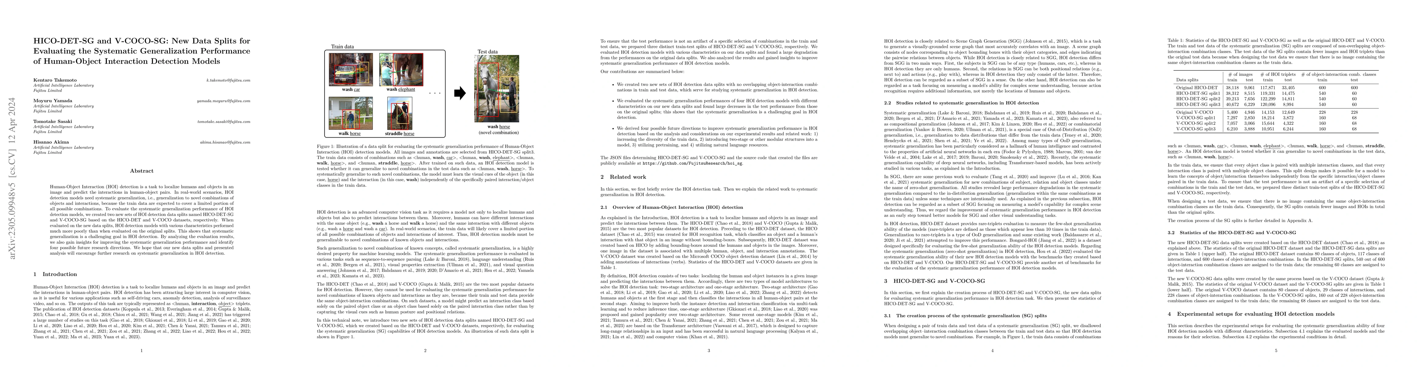 Thumbnail for HICO-DET-SG and V-COCO-SG: New Data Splits for Evaluating the Systematic
  Generalization Performance of Human-Object Interaction Detection Models