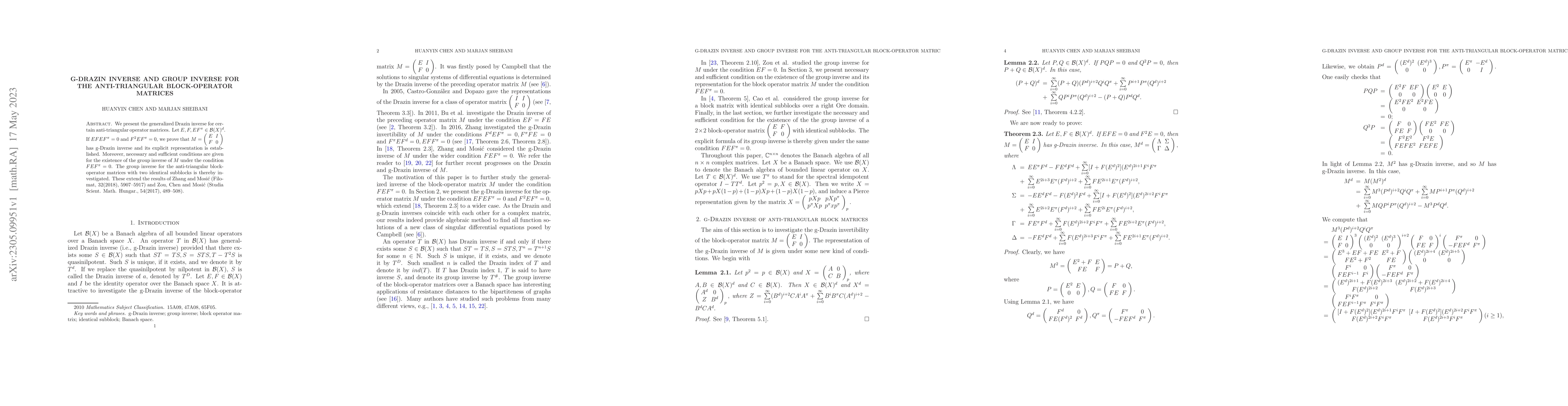 Thumbnail for G-Drazin inverse and group inverse for the anti-triangular
  block-operator matrices
