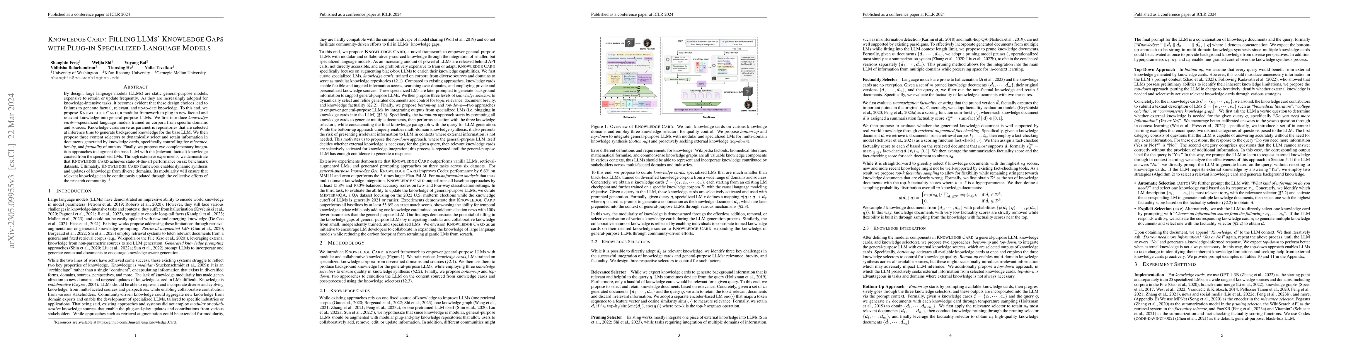 Thumbnail for Knowledge Card: Filling LLMs' Knowledge Gaps with Plug-in Specialized
  Language Models