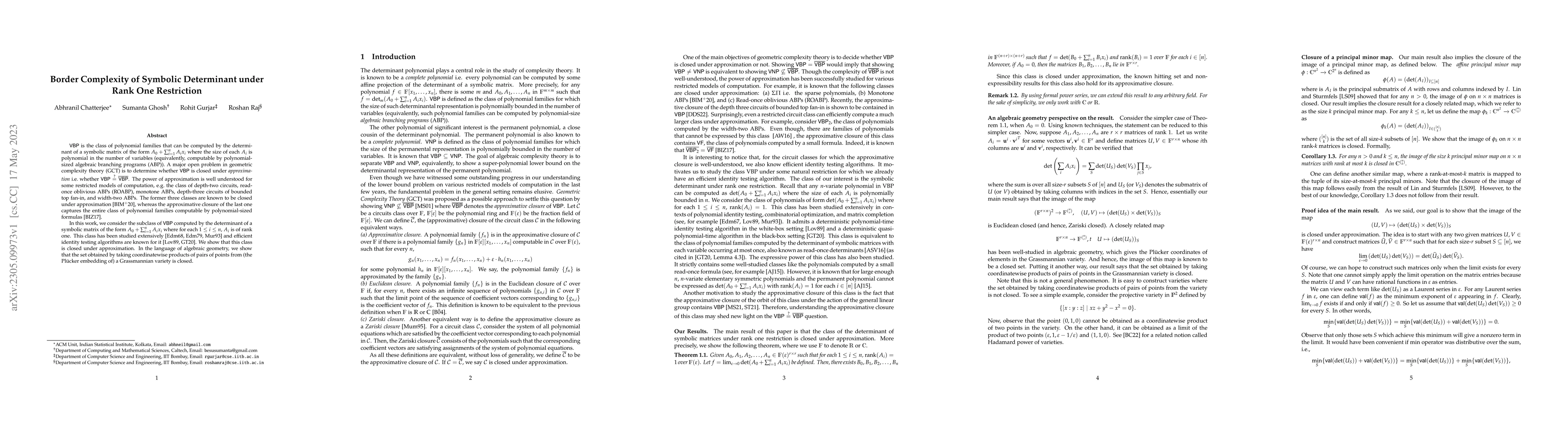 Thumbnail for Border Complexity of Symbolic Determinant under Rank One Restriction