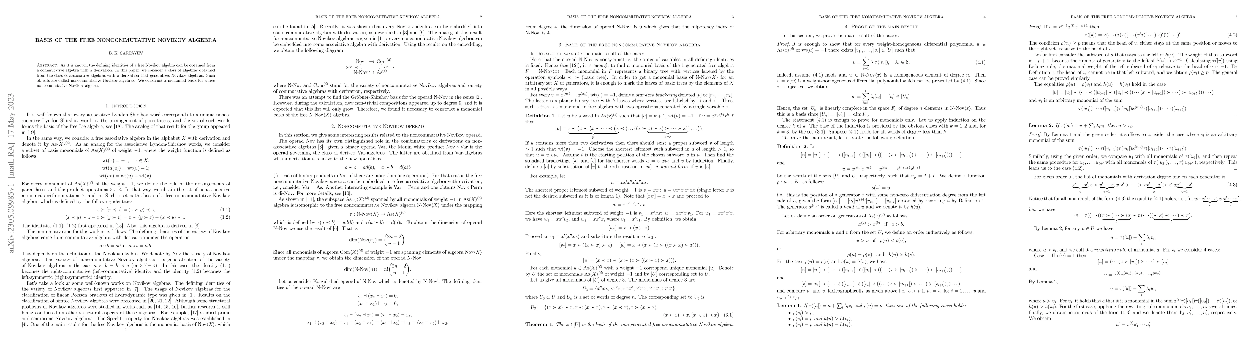 Thumbnail for Basis of the free noncommutative Novikov algebra