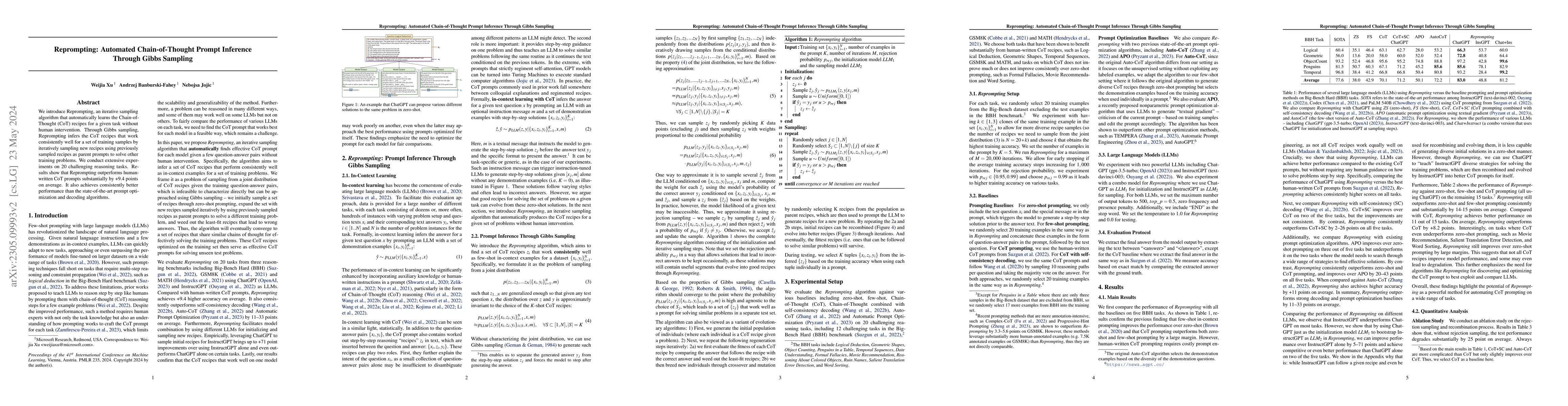 Thumbnail for Reprompting: Automated Chain-of-Thought Prompt Inference Through Gibbs
  Sampling