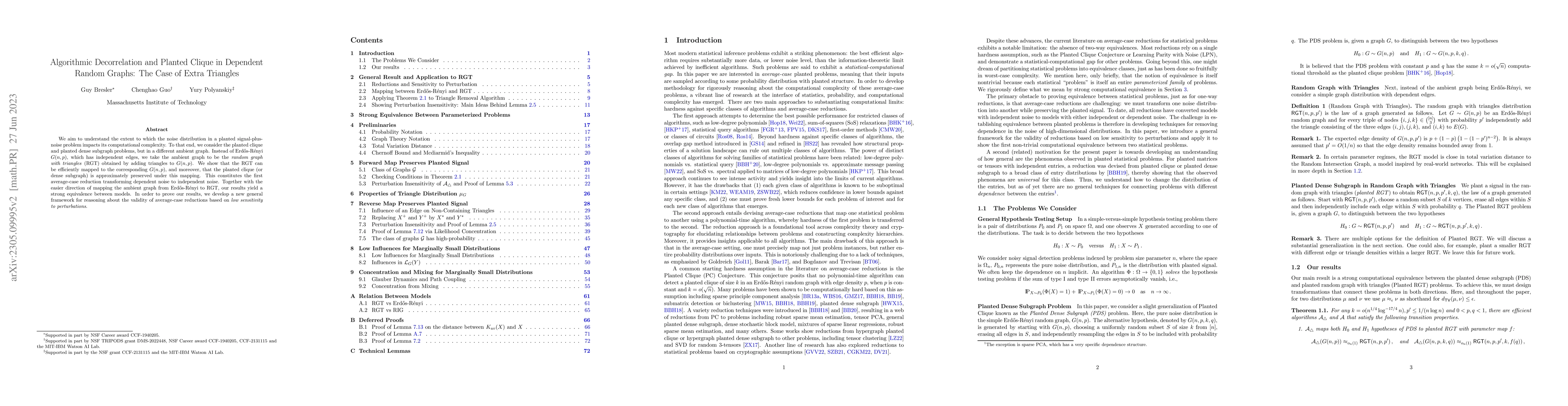Thumbnail for Algorithmic Decorrelation and Planted Clique in Dependent Random Graphs:
  The Case of Extra Triangles
