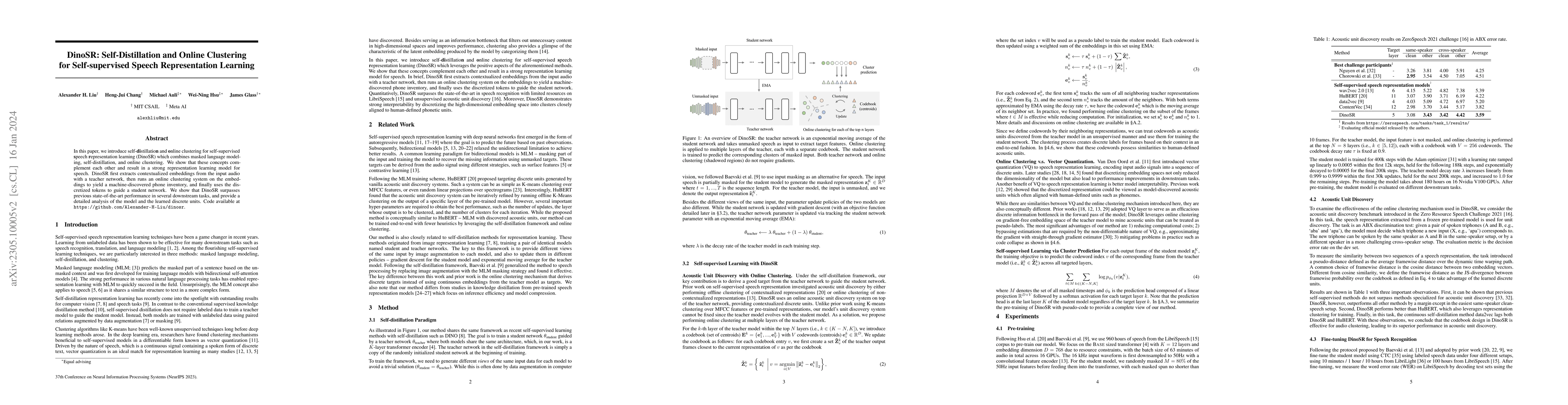 Thumbnail for DinoSR: Self-Distillation and Online Clustering for Self-supervised
  Speech Representation Learning