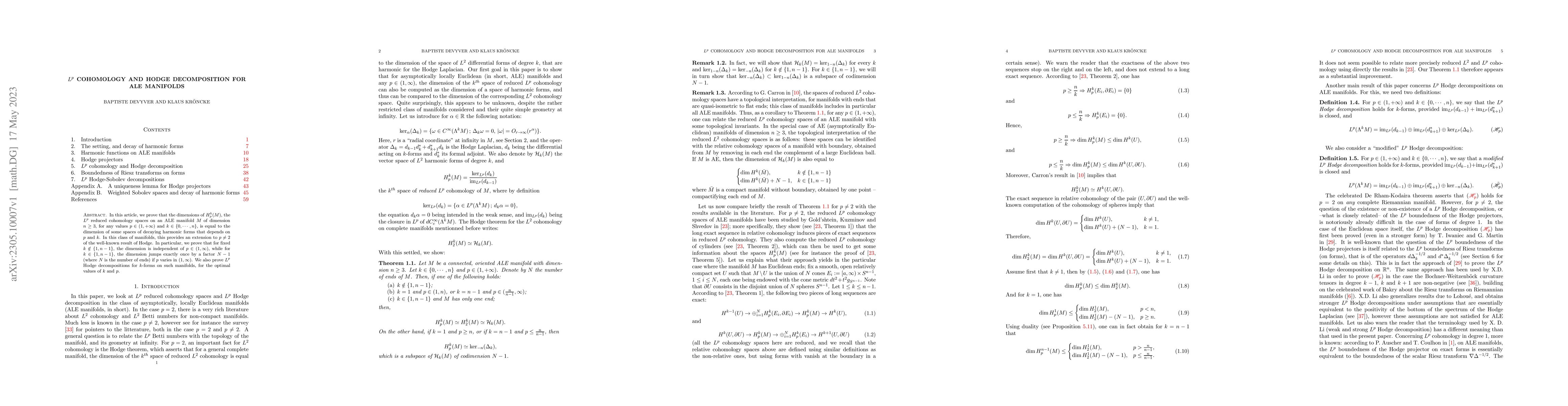 Thumbnail for $L^p$ cohomology and Hodge decomposition for ALE manifolds