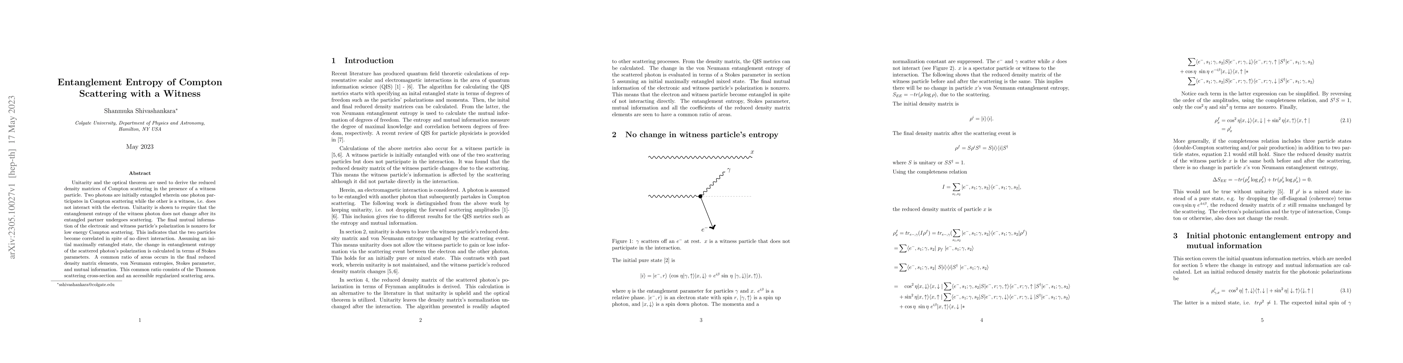 Thumbnail for Entanglement Entropy of Compton Scattering with a Witness